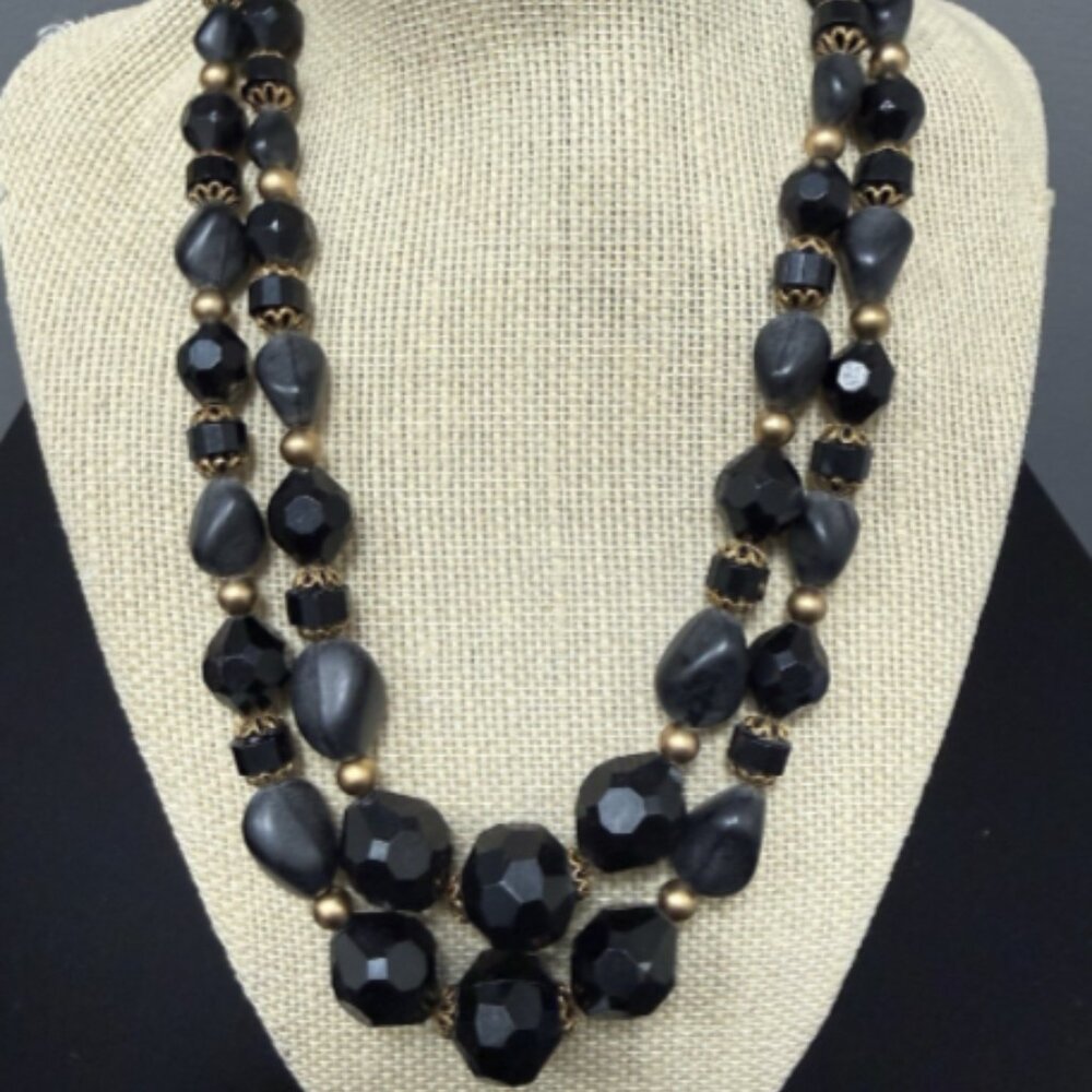 VTG Western Germany Two Strands Black Acrylic Faceted Beaded Necklace Gold‎ Tone